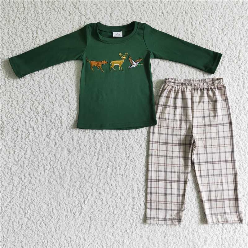 BLP0064Dog deer duck embroidery shirt pants kids boy sibling Christmas clothes