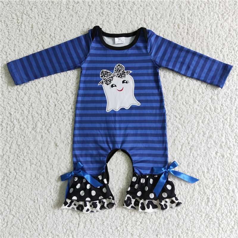 LR0067Ghost print blue stripe baby girl Halloween romper