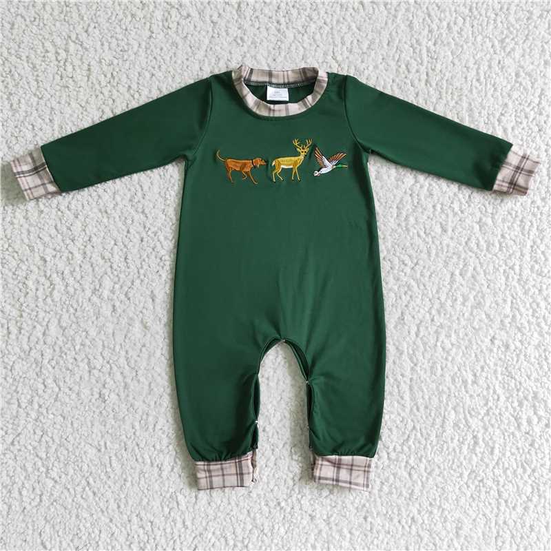 LR0107Dog deer duck embroidery baby boy sibling Christmas romper