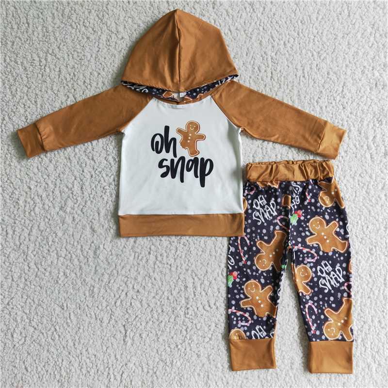 BLP0075 Boys snap gingerbread man hooded long-sleeved trousers set