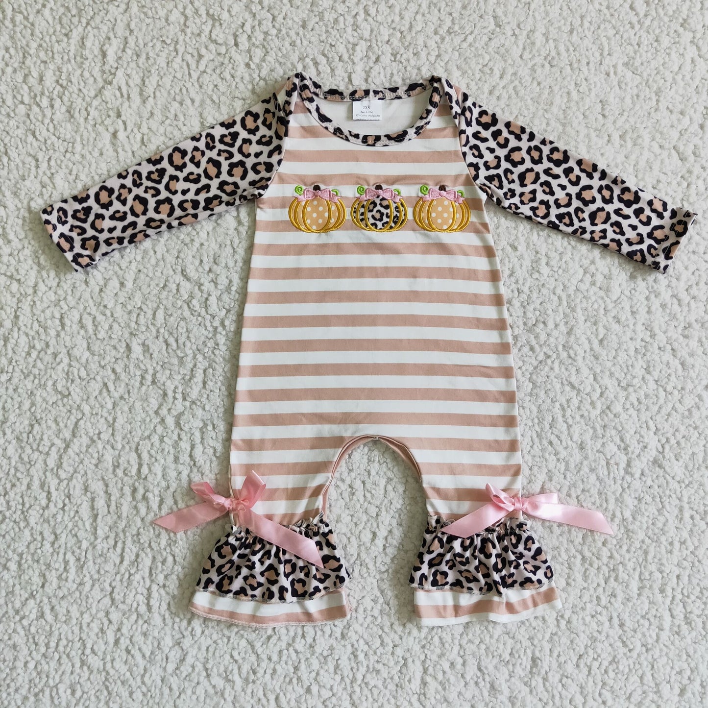 LR0134Leopard stripe pumpkin baby girls fall romper