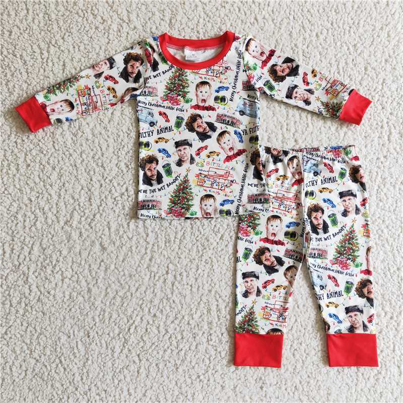 BLP0113+P0235 Baby Boys and Girls Boys & Men Christmas Tree Pattern White Long Sleeve Pants Set & Flared Pants