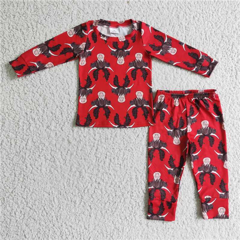 BLP0083Highland cow red kids boy Christmas pajamas