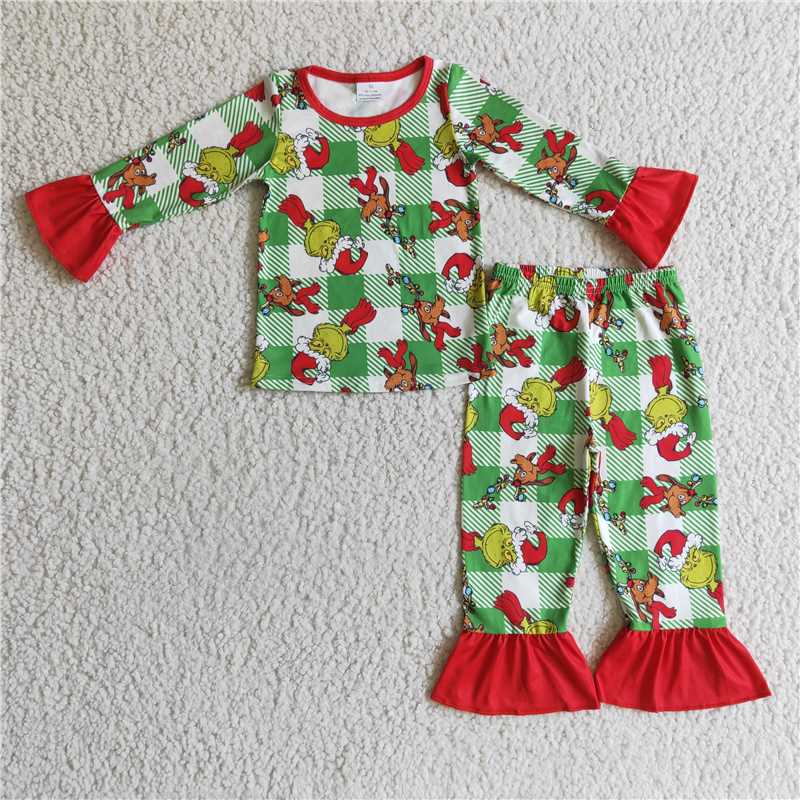 GLP0295 Girls grinch green plaid long-sleeved trousers suit