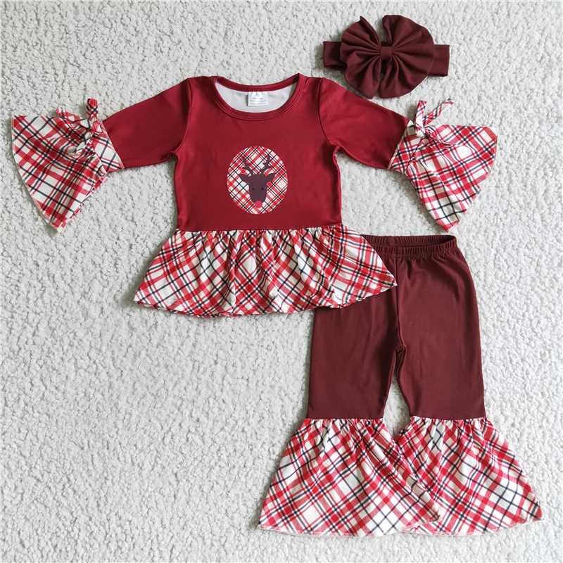 GLP0202 Girls’ Christmas deer red long-sleeved trousers suit