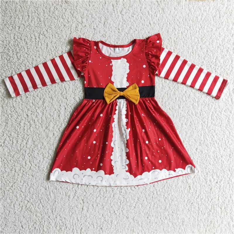 11.25 RTS NO MOQ (In stock)GLD0146 Baby Girls Red Stripe Christmas Bow Dresses