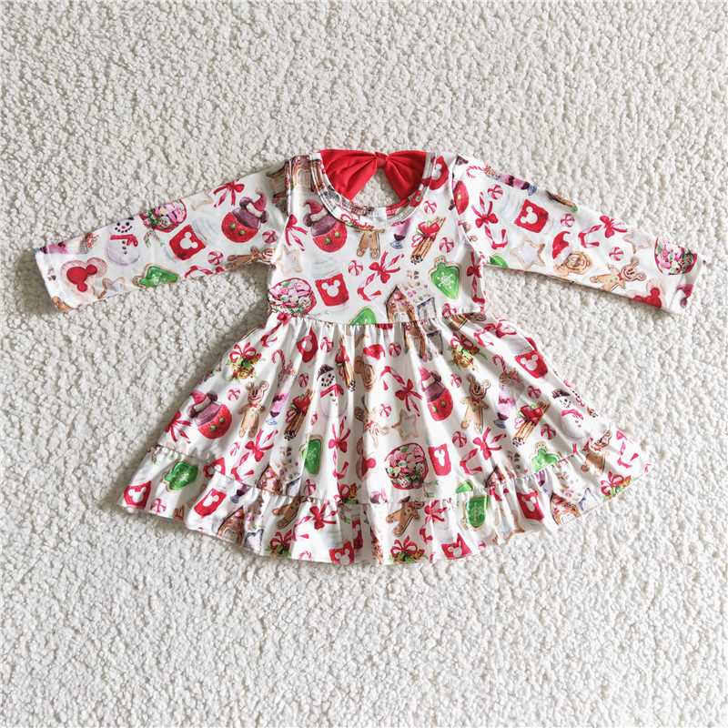 GLD0140 Baby Girls Cartoon Christmas Ruffle Dresses