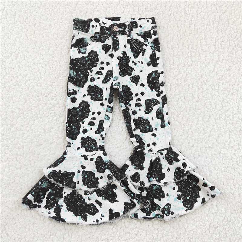 P0031 Baby Girls Western Cow print bell pants denim jeans