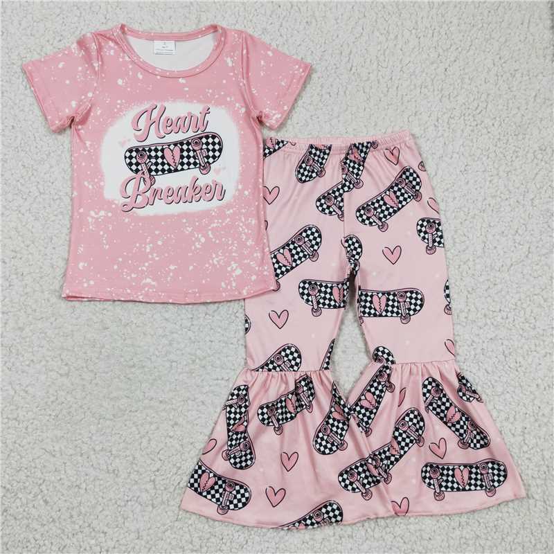 GSPO0320 Girls' heart skateboard pink short-sleeved trousers suit
