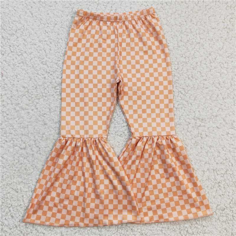 P0057 Baby Girls Western Orange Checks Bell Bottom Pants 6
