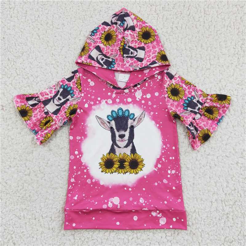 GT0096 Baby Girls Hot Pink Cow Hoodie short Sleeve shirts tops