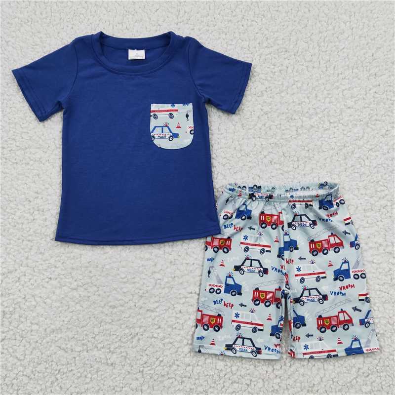 BSSO0121 Baby Boys Firetrucks Pockets Shorts Sets
