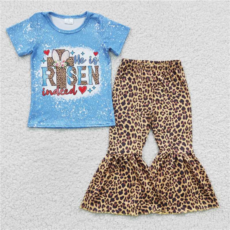 GSPO0274 Girls' leopard print cross RISEN blue short-sleeved trousers suit
