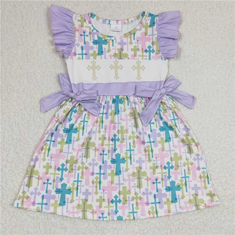 12.24 RTS NO MOQ (In stock)GSD0190 Baby Girls Easter Cross Knee Length Dresses