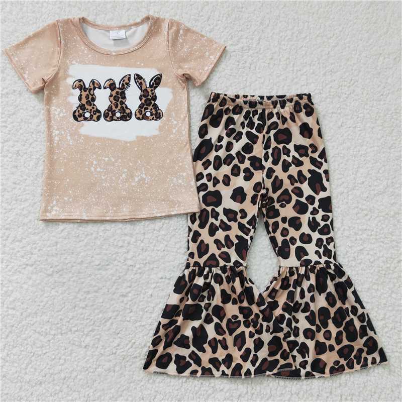 GSPO0245 Girls' leopard print three rabbits short-sleeved trousers suit