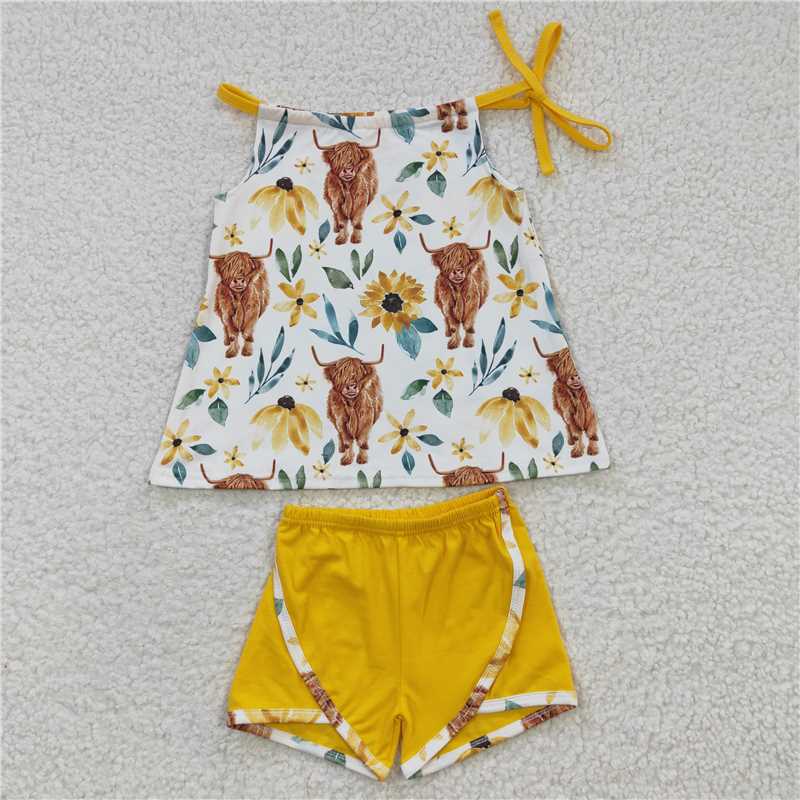 GSSO0207Sleeveless highland cow top yellow shorts girls summer clothes