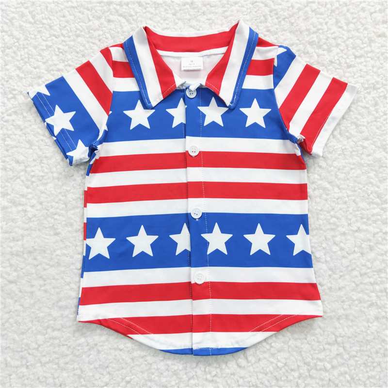 BT0196 Baby Boys Kids 4th of July Star Stripes Button Ups Shirts Tops