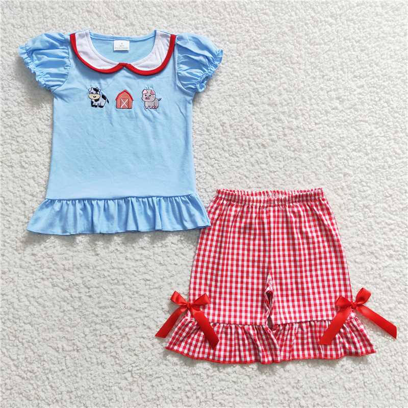 GSSO0200Cow pig embroidery shirt shorts kids girls farm clothing set