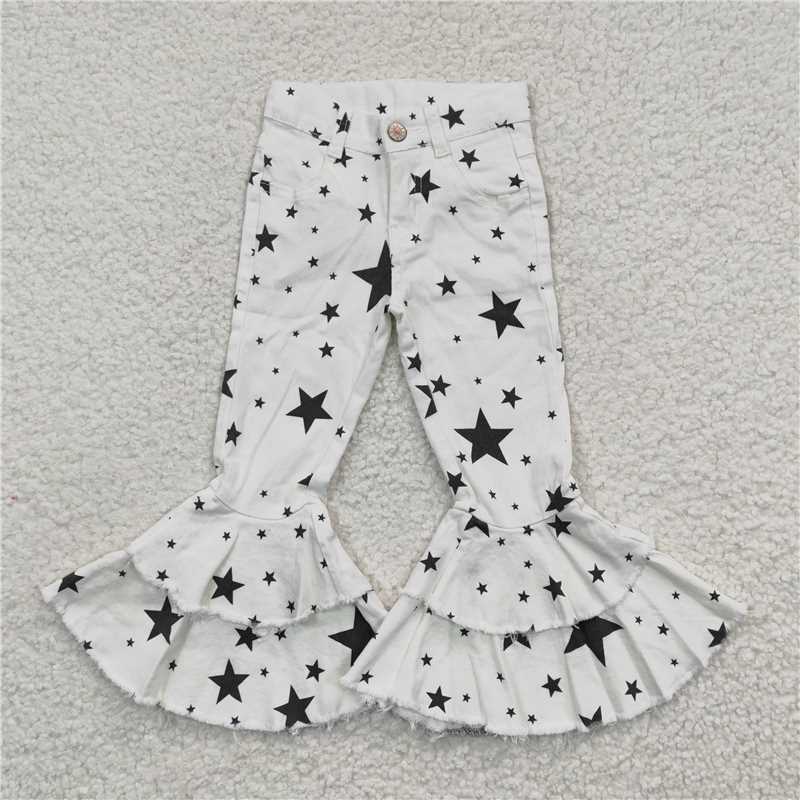 P0068 Double Star Ruffle Denim Bell Pants