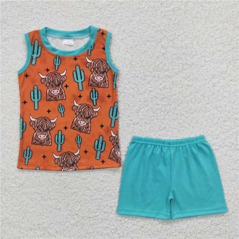BSSO0211 Baby Boys Western Highland Cow Sleeveless Tee Shirts Shorts Sets