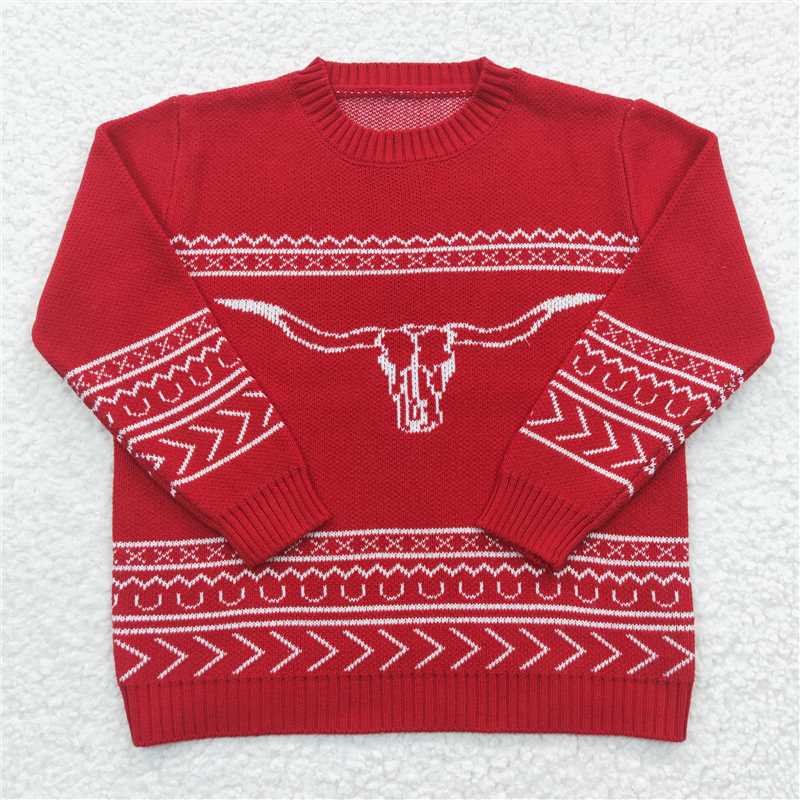 BT0218 Baby Girls Red Cow Western Long Sleeve Sweaters