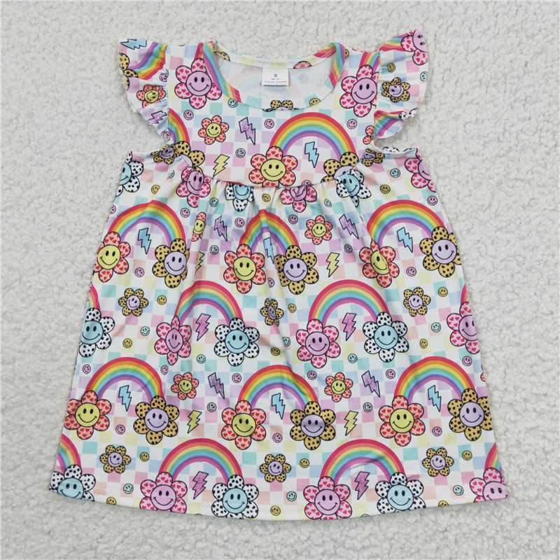 GSD0324 Baby Girls Summer Dress Rainbow smiley face pink flying sleeve dress