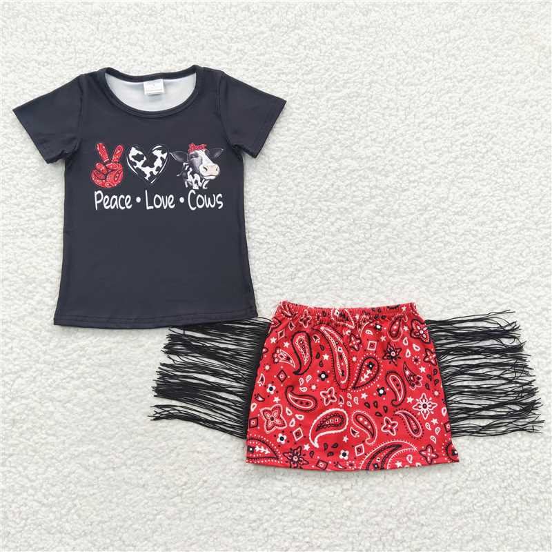 GSD0302Peace love cows tassels skirt girl set