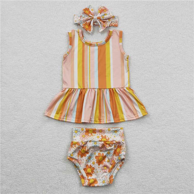 GBO0105 Stripe sleeveless peplum floral bummies baby girls set