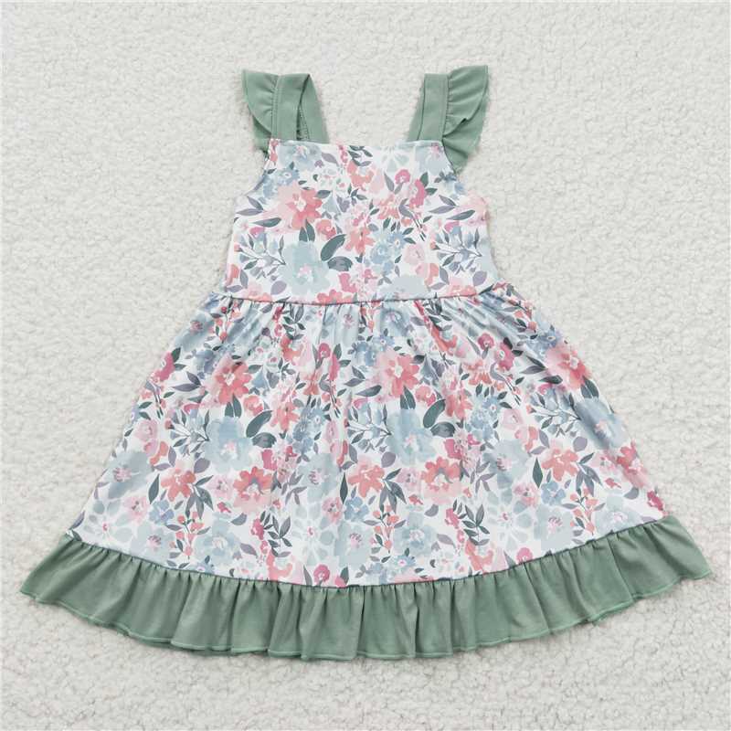 GSD0319 Baby Girls Green Floral Knee Length Dresses