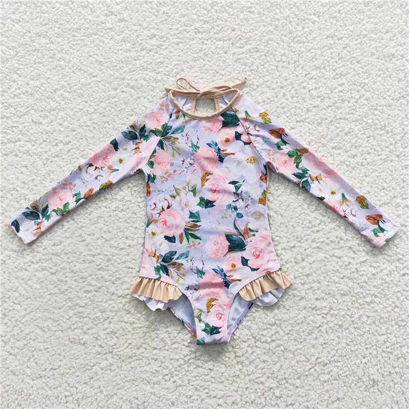 S0085 Baby Girls Summer Long Sleeve Flowers One Pieces Swimsuits