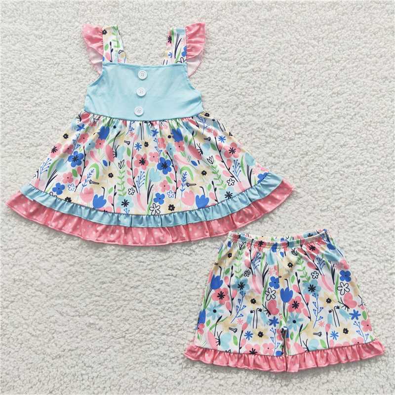 Baby Girls Summer Flowers Pearl Tunic Ruffle Shorts Clothes