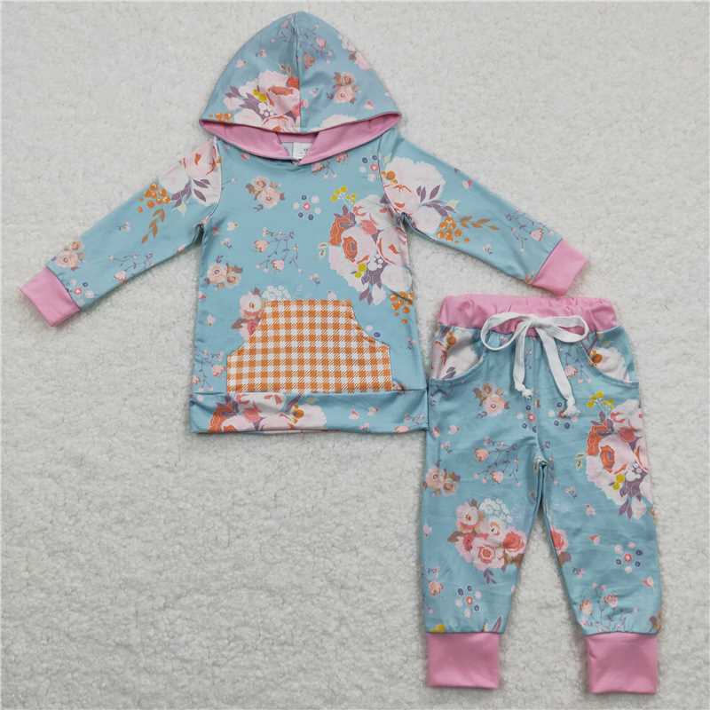 GLP0546 Baby Girls Ruffle Hoodie Floral Pants Clothes Sets