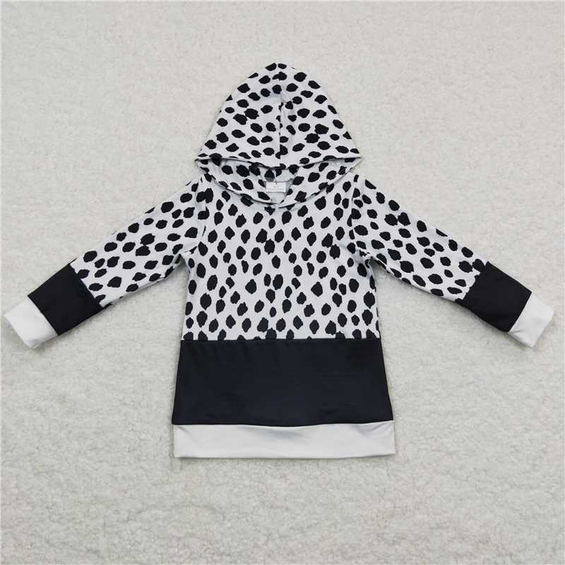 GT0202 Black and white cow print hooded long-sleeved top