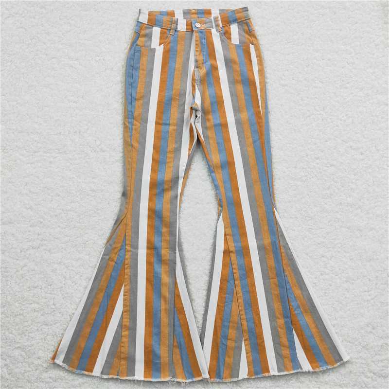 P0153 Adult Women Orange Grey Stripes denim bell pants Jeans