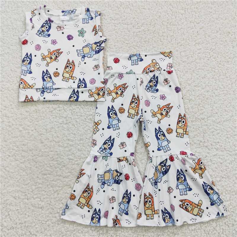 GSPO0729 Cartoon dog bluey bluey flower white sleeveless vest top trousers set