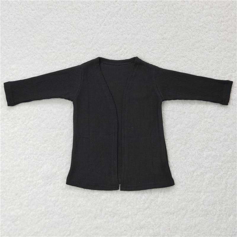 GT0243 Black waffle long sleeves kids girls fall cardigan