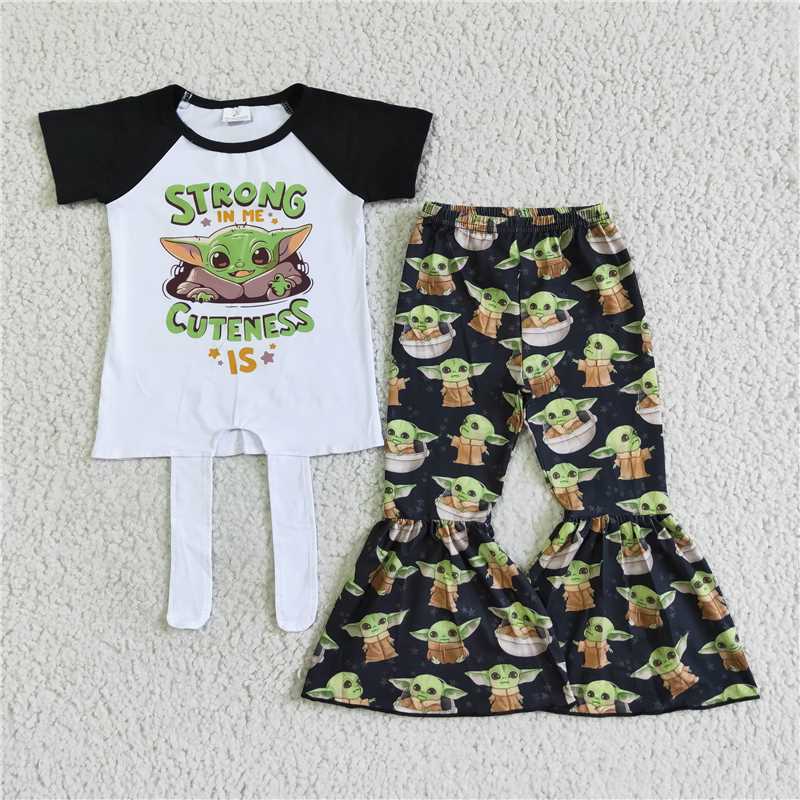 E1-2 Yoda black short-sleeved big-leg pants