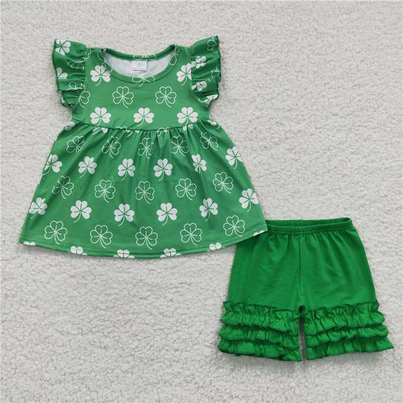 A11-21 Girls green four-leaf clover small flying sleeve lace shorts suit