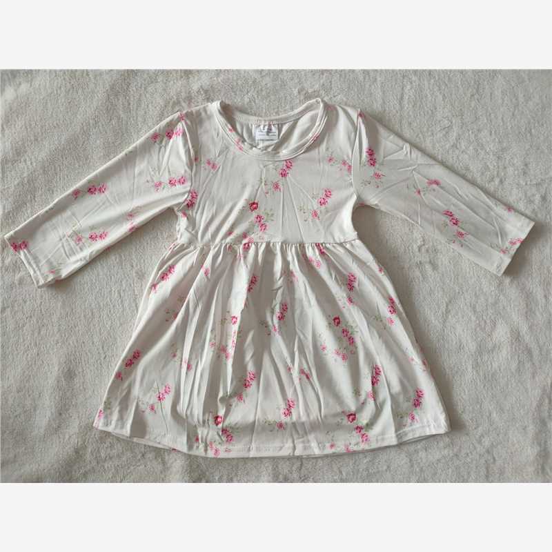 9.15 RTS NO MOQ (In stock)G3-12-3** Baby Girls Winter Dress Baby Girls long sleeve Pink flowers on white knee-length Dresses