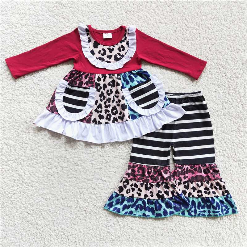 6 A22-18Maroon leopard pocket patchwork baby girls clothing