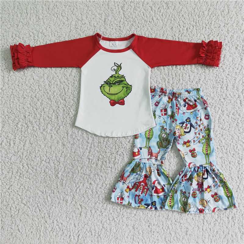 6 B4-17 Christmas grinch red pleated long-sleeved bell-bottom pants suit