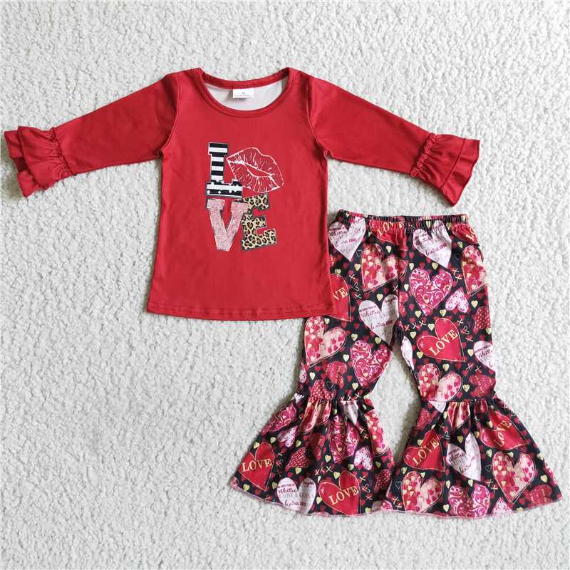 6 A2-14 Love print shirt bell bottom pants girls valentine's clothes