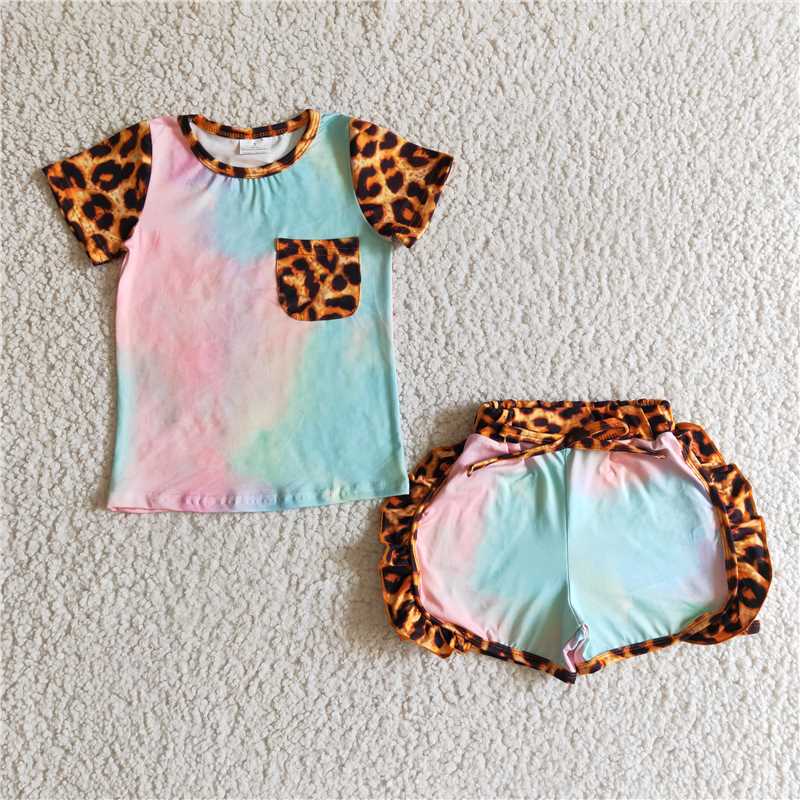 Pink tiedye leopard ruffles Shorts sets