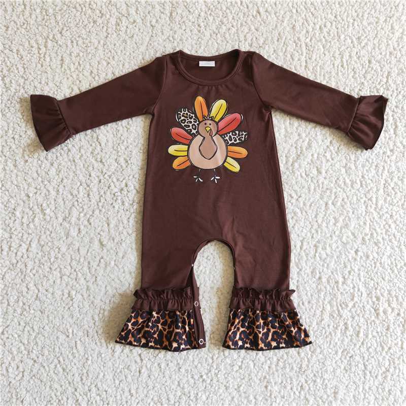 6 A2-6 Brown Offset Turkey Thanksgiving Leopard Print Girls Romper