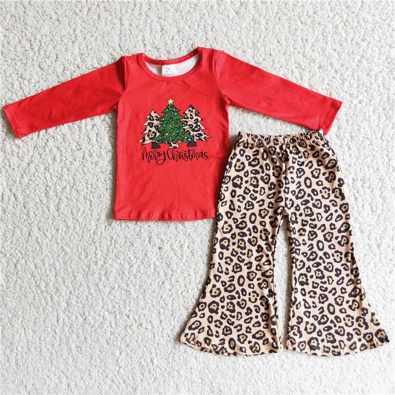 6 A4-19 Christmas red tree top leopard print pants set