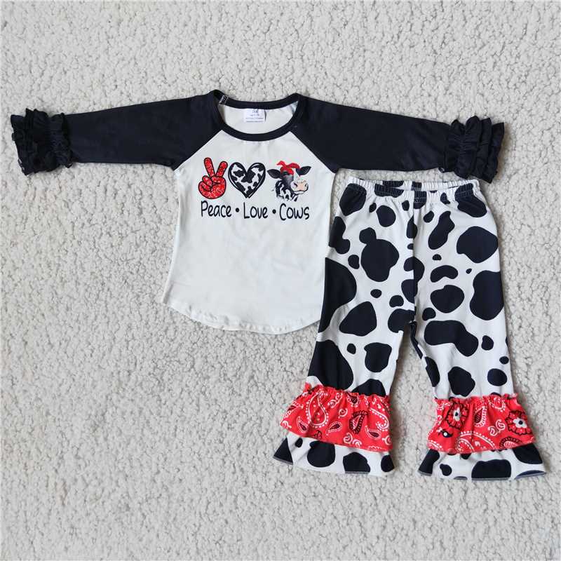 6 B12-29Peace love cows print ruffle pants girls clothing set