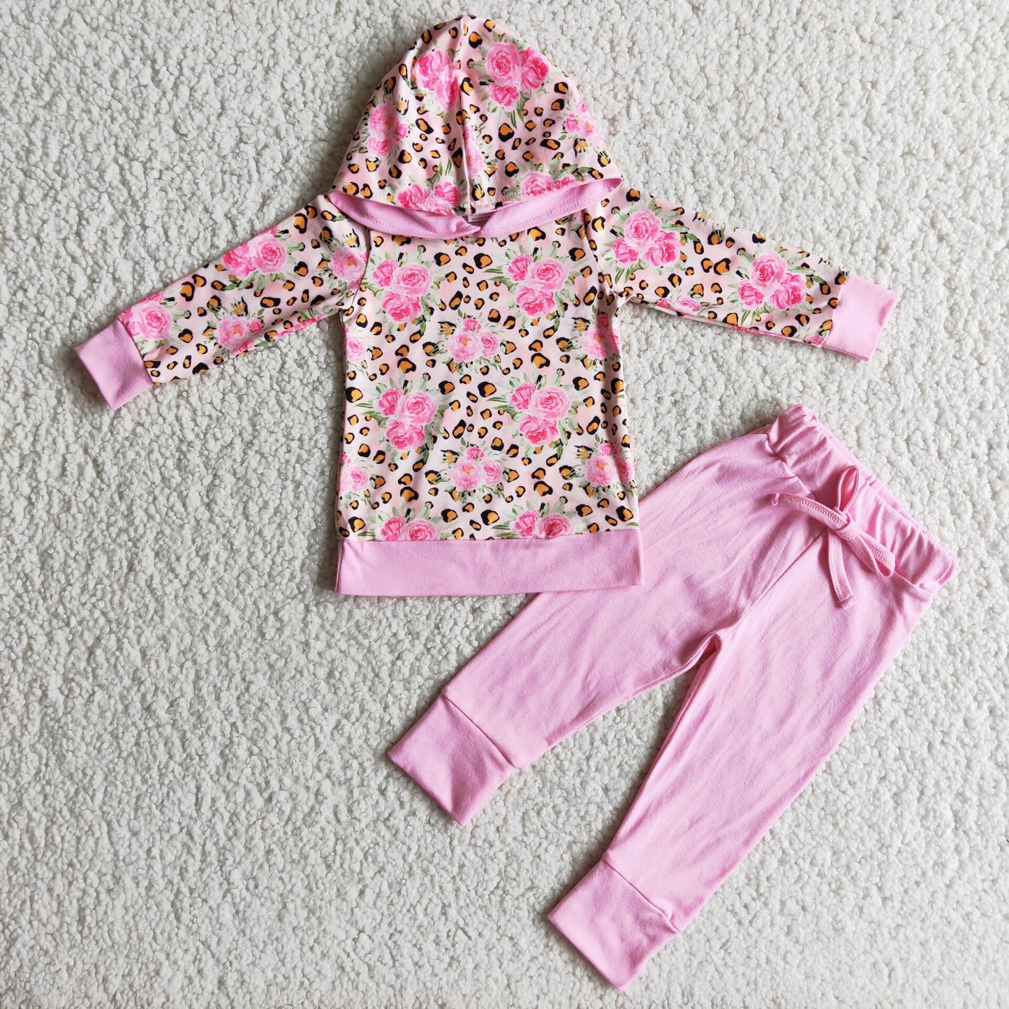 6 C7-22 Pink leopard print hoodie long sleeve trousers set