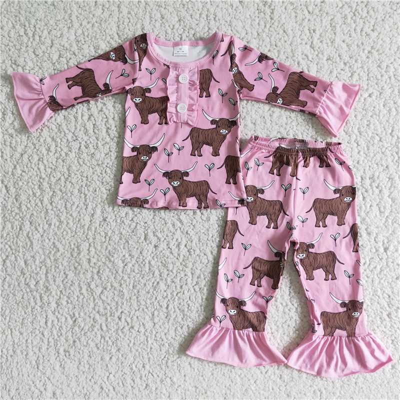 6 A11-12Cow print pink long sleeve pants girls pajamas