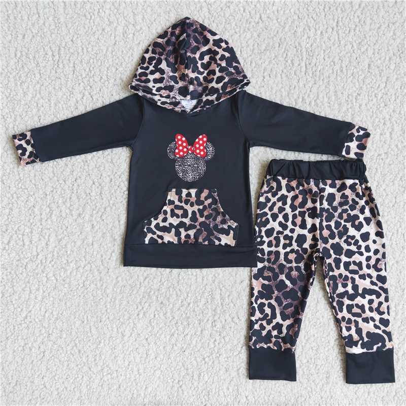 6 A0-14 Mickey leopard print hooded long-sleeved trousers suit