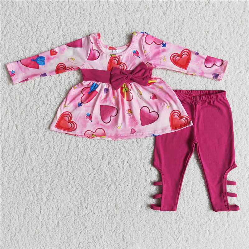 6 A27-15Heart print tunic criss cross leggings girls valentine's day clothing